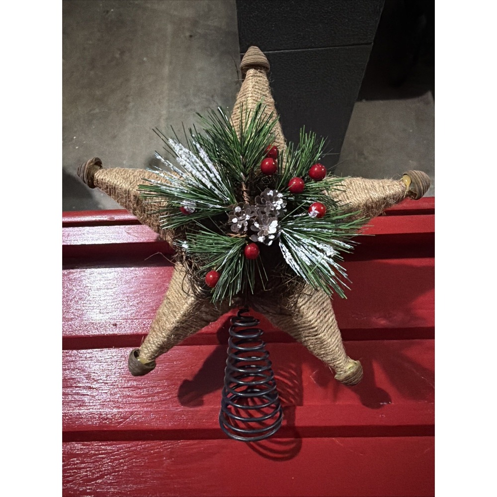 Vintage Rustic Christmas Tree Topper Farmhouse Shabby Nature Jute Star Decor